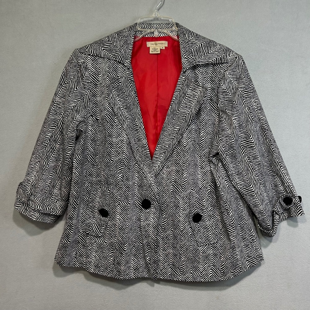 Chevron Blazer Jacket Women 1X‎ Black White 3/4 Sleeve Office Wear Preppy